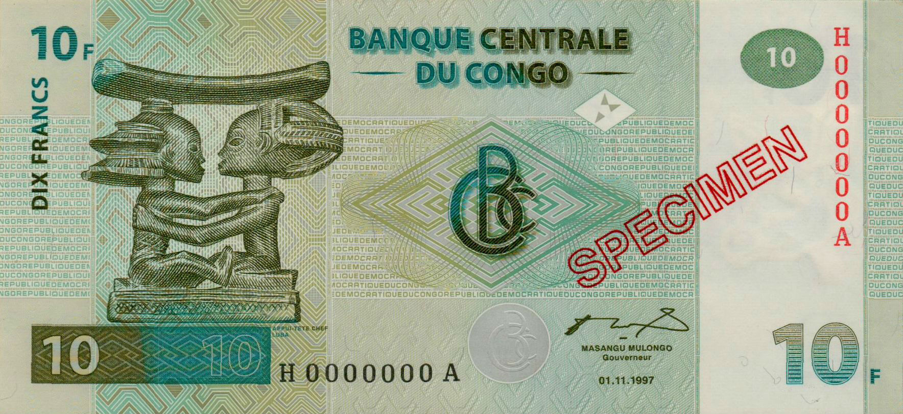 Congo 10 1997 UNC P-87/BS [SPECIMEN]